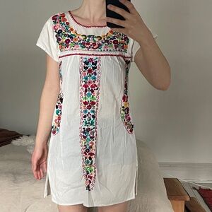 Floral Embroidered Cotton Mini Dress/Beach Cover Up Handmade in Mexico, Women’s